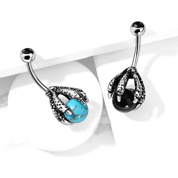 Piercing Ocelový piercing do pupíku - patinované drápy držící barevnou kuličku - Barva: Tyrkysová