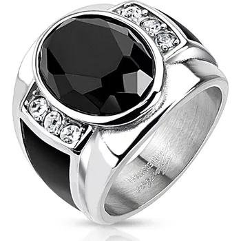 Prsten Ocelový prsten s černým broušeným oválem, čirými zirkony a černými pásy - Velikost: 64
