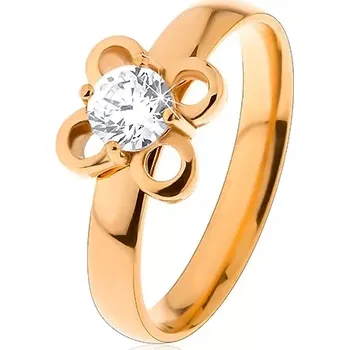 Prsten Prsten z chirurgické oceli ve zlatém odstínu, kvítek s čirým zirkonem - Velikost: 57