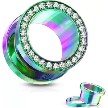 Piercing Tunel do ucha z chirurgické oceli, čiré zirkony v kruhu, duhová barva, PVD - Tloušťka : 3 mm