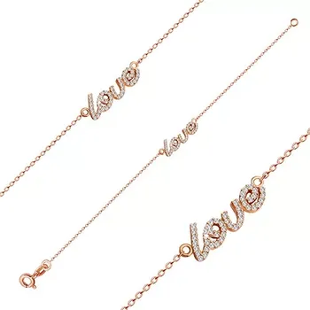 Náramek Stříbrný 925 náramek v měděné barvě - nápis "Love" vykládaný čirými zirkony