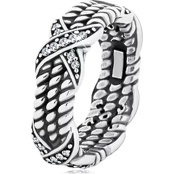 Prsten Patinovaný stříbrný prsten 925, motiv zatočeného lana, křížky se zirkony - Velikost: 55