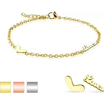 Náramek Náramek z chirurgické oceli, přívěsky - srdíčko a zamilovaný nápis, oválná očka - Barva: Měděná