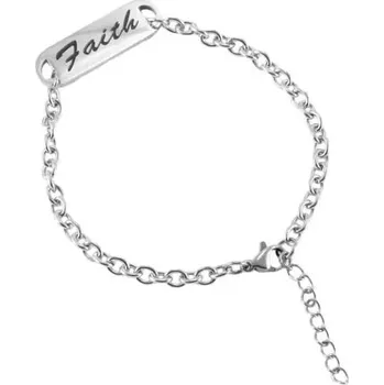 Náramek Ocelový náramek stříbrné barvy, oválná očka, lesklá známka s nápisem Faith