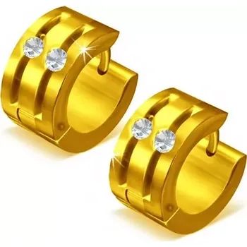 Náušnice Kruhové ocelové náušnice - zlaté, dvě rýhy zdobené zirkony