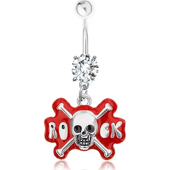 Piercing Piercing do pupíku, chirurgická ocel, zirkon, lebka, nápis ROCK