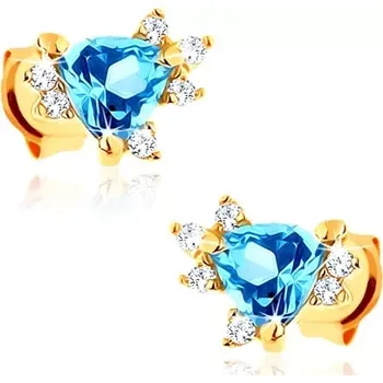 Náušnice Zlaté náušnice 14K trojúhelník s modrým topazem a čirými zirkony