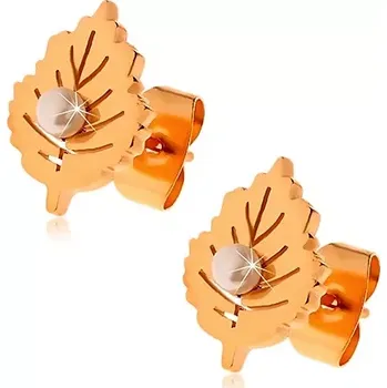 Náušnice Ocelové náušnice měděné barvy - hroznový list s perleťovou kuličkou