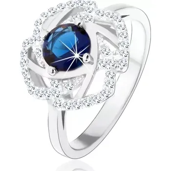 Prsten Stříbrný 925 prsten, třpytivý obrys květu, modrý kulatý zirkon - Velikost: 58