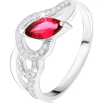Prsten Stříbrný 925 prsten, zirkonové a hladké vlny, červený zrníčkovitý kámen - Velikost: 50