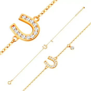 Náramek Náramek ve žlutém 14K zlatě - třpytivá podkůvka, visící čirý zirkon