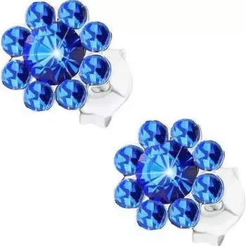 Náušnice Puzetové náušnice, stříbro 925, blýskavý květ z modrých krystalů Preciosa