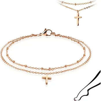 Náramek Dvojitý ocelový řetízek na nohu nebo ruku - hladký kříž, zkosené kuličky, měděná barva