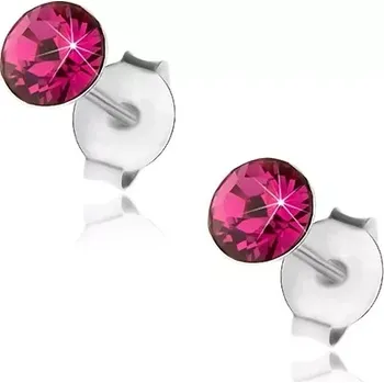 Náušnice Stříbrné náušnice 925, kulatý fuchsiový krystal Swarovski, 4 mm