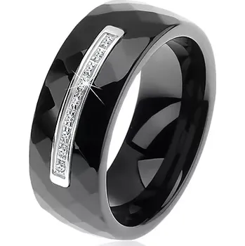 Prsten Prsten z černé keramiky s broušeným povrchem, tenký ocelový pás, zirkony - Velikost: 62