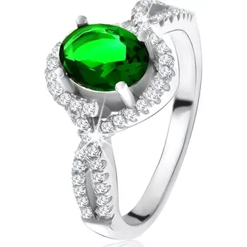 Prsten Prsten - stříbro 925, zaoblené linie, čiré zirkonky, oválný zelený kámen - Velikost: 59