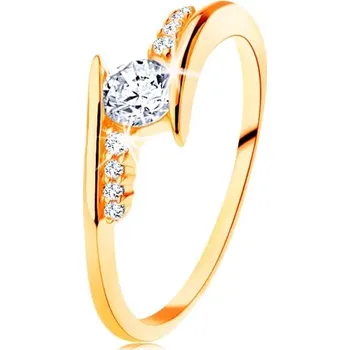 Prsten Prsten ve žlutém 14K zlatě - zahnutá ramena, čiré zirkonové linie, kulatý zirkon - Velikost: 50