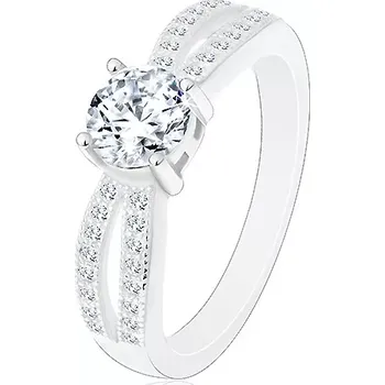 Prsten Prsten ze stříbra 925, kulatý čirý zirkon, výřezy na třpytivých ramenech - Velikost: 61