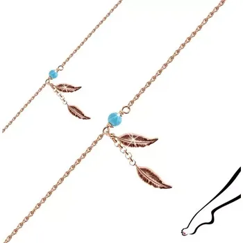 Náramek Náramek ze stříbra 925 měděné barvy na nohu - dva podlouhlé listy, kulička modré barvy