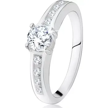 Prsten Stříbrný zásnubní prsten 925, kulatý čirý kamínek, zdobená ramena - Velikost: 50