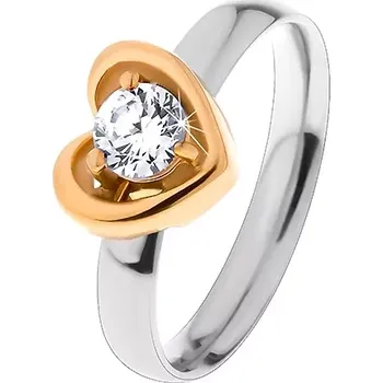 Prsten Prsten z oceli 316L - dvoubarevné provedení, kontura srdce, čirý zirkon - Velikost: 49