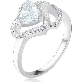 Prsten Prsten ze stříbra 925 - třpytivé čiré srdíčko, zirkonové obrysy srdcí - Velikost: 56