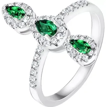 Prsten Prsten ze stříbra 925, tři zelené slzičkovité kamínky, zirkonový lem - Velikost: 64