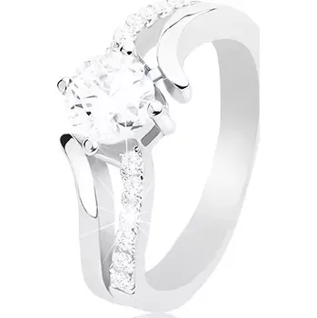 Prsten Stříbrný prsten 925, rozdvojená zvlněná ramena, kulatý čirý zirkon - Velikost: 50