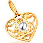 Přívěsek ve žlutém zlatě 585 - srdce zdobené obrysy srdíček a bílou perlou uprostřed
