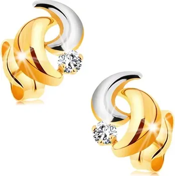 Náušnice Zlaté puzetové náušnice 585 - dvoubarevné obloučky a kulatý čirý zirkon