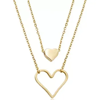 Náhrdelník Ocelový náhrdelník zlaté barvy, malé plné srdíčko, velký obrys srdce, dva řetízky