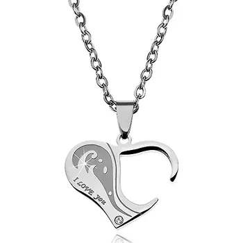 Náhrdelník Dva ocelové náhrdelníky pro zamilované, srdíčkovité přívěsky s nápisy a zirkony