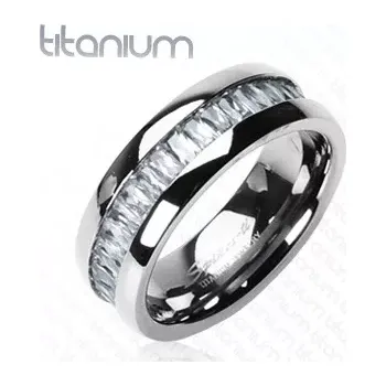 Prsten Titanový prsten se vsazenými, obdélníkovými zirkony - Velikost: 68