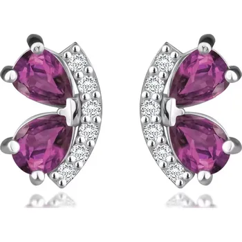 Náušnice Náušnice z bílého 14K zlata - oblouk se zirkony, fuchsiové kamínky, slzičky