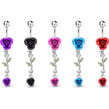 Piercing Visací piercing do pupíku z oceli - barevné kovové růže, rhodiované listy se zirkony - Barva: Červená