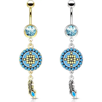 Piercing Piercing z oceli 316L, lapač snů s pírkem, kruh vykládaný tyrkysovými a žlutými korálky, kulatý zirkon - Barva: Zlatá