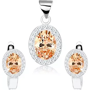 Náušnice Sada ze stříbra 925, přívěsek a náušnice, oválný tmavě žlutý zirkon s lemem