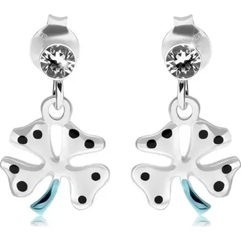 Náušnice Stříbrné 925 náušnice, bílý čtyřlístek s černými tečkami, čirý zirkon