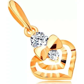 Přívěsek Zlatý 14K přívěsek - dvojitá kontura srdce s broušeným povrchem, mašle a zirkony