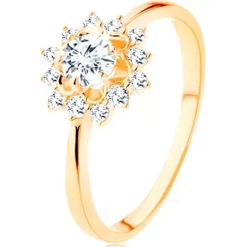 Prsten Prsten ze žlutého 14K zlata - čiré zirkonové slunce, lesklá úzká ramena - Velikost: 57