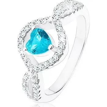 Prsten Stříbrný prsten 925, světle modré zirkonové srdce, vlnitá čirá ramena - Velikost: 52