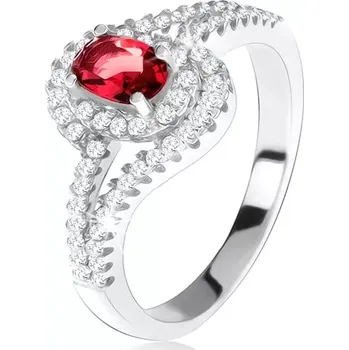 Prsten Stříbrný 925 prsten, červený kámen s lemem, zvlněná zirkonová ramena - Velikost: 50