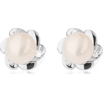 Náušnice Stříbrné 925 náušnice, kvítek s hladkými a zirkonovými okvětními lístky, bílá perla