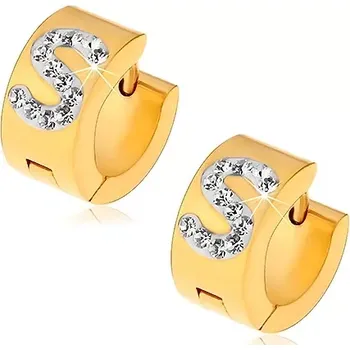 Náušnice Náušnice z oceli 316L zlaté barvy, bílé písmeno S zdobené čirými zirkonky