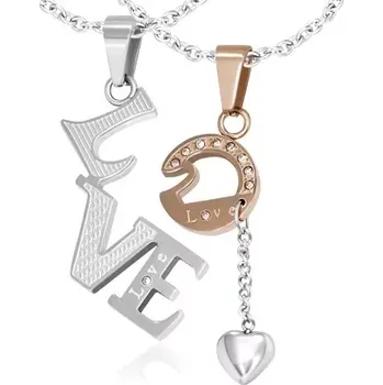 Přívěsek Ocelový dvojpřívěsek - Love, zirkony, srdíčko na řetízku