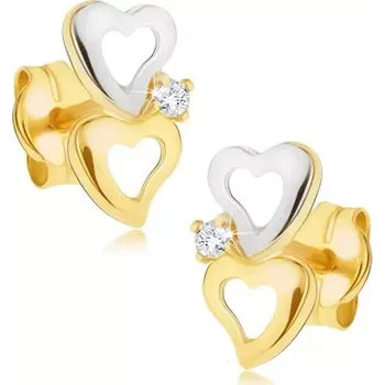 Náušnice Náušnice ze 14K zlata - dvoubarevné obrysy srdcí, blýskavý čirý diamant