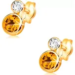 Náušnice ze žlutého 14K zlata - kulatý žlutý citrín a čirý zirkon