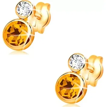 Náušnice Náušnice ze žlutého 14K zlata - kulatý žlutý citrín a čirý zirkon