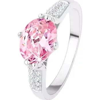 Prsten Zásnubní stříbrný prsten 925, oválný růžový zirkon, čiré drobné zirkonky - Velikost: 59