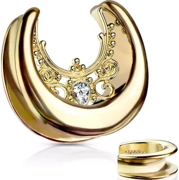 Piercing Ocelový plug do ucha ve zlaté barvě - zirkonová slzička, ornamenty - Tloušťka : 19 mm